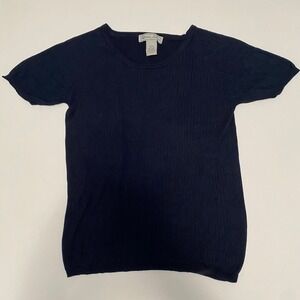 Vintage Womens 100% Silk Ribbed Baby Tee S Navy Blue Quiet Luxury Capsule Preppy